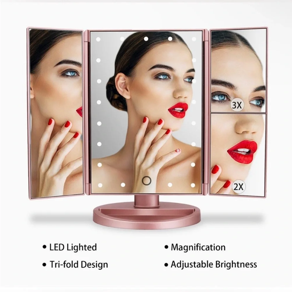 DeWeisn Trifold Lighted Vanity Mirror‎ Makeup Cosmetic Dimmable Magnifying EUC